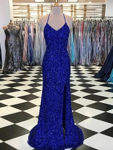 V-Neck Velvet Sequin Sleeveless Royal Blue Prom Dress / Evening Gown Edinburgh