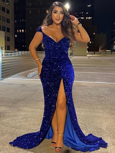V-Neck Velvet Sequin Sleeveless Royal Blue Dress Edinburgh