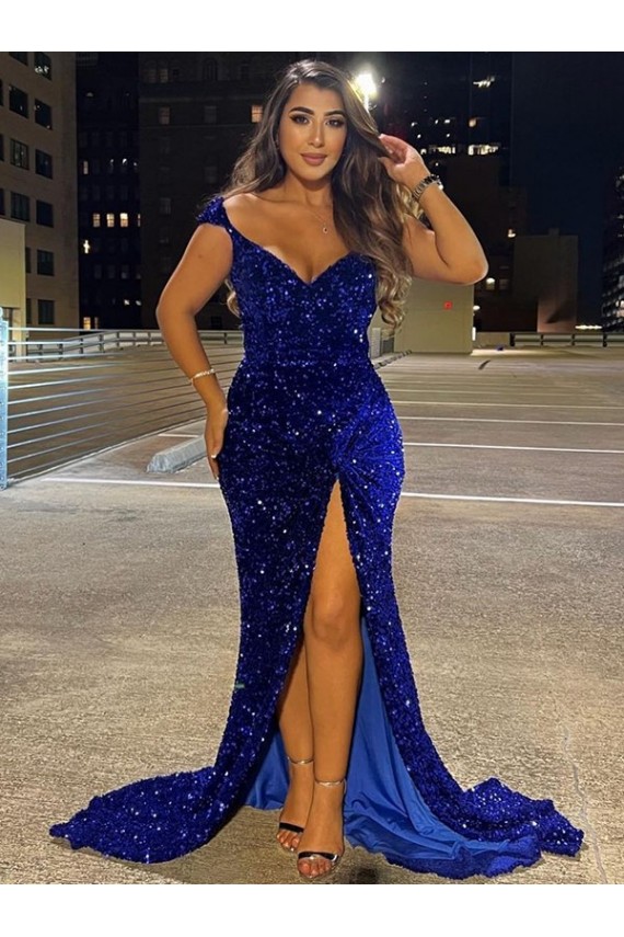 V-Neck Velvet Sequin Sleeveless Royal Blue Dress Edinburgh