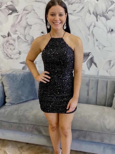Halter Neck Velvet Sequin Sleeveless Black Prom Dress Edinburgh