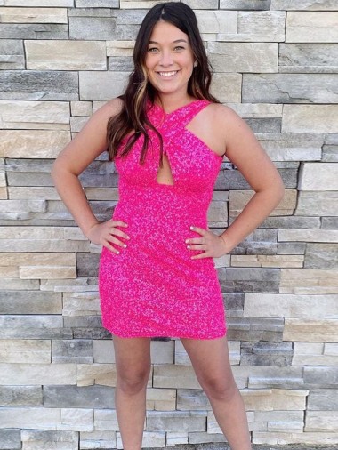 Halter Neck Velvet Sequin Sleeveless Fuchsia Homecoming Dress Edinburgh