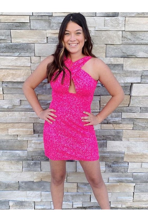 Halter Neck Velvet Sequin Sleeveless Fuchsia Homecoming Dress Edinburgh