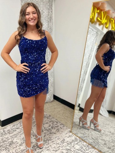 Spaghetti Straps Velvet Sequin Sleeveless Royal Blue Prom Dress Edinburgh