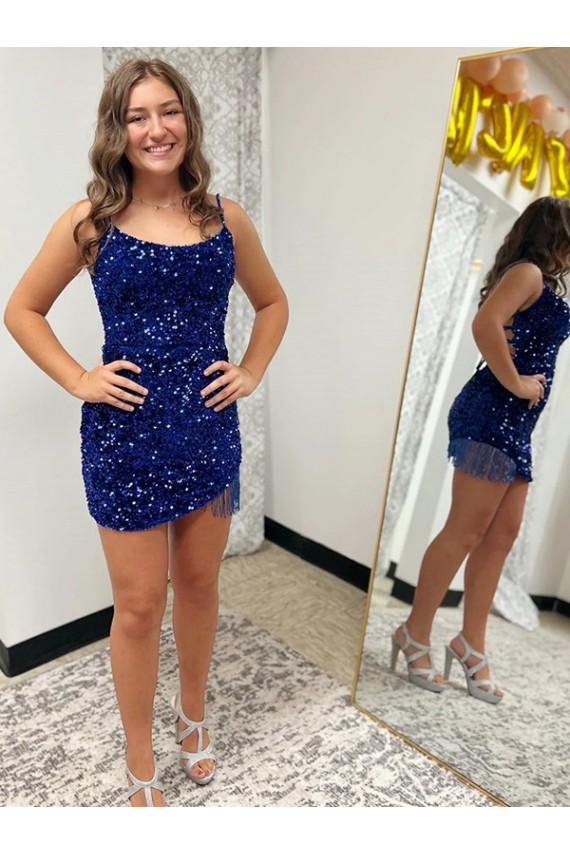 Spaghetti Straps Velvet Sequin Sleeveless Royal Blue Prom Dress Edinburgh