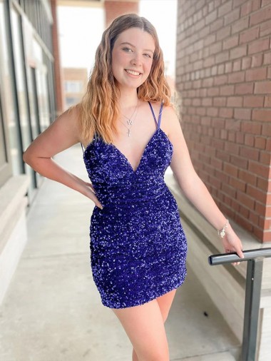 V-Neck Velvet Sequin Sleeveless Cocktail Dress / Prom Dress Edinburgh
