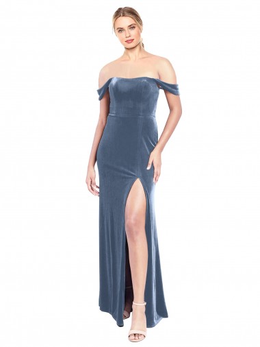 Off the Shoulder Stretch Velvet Sleeveless Dusty Blue Prom Dress / Bridesmaid Dress Edinburgh