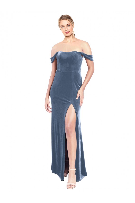 Off the Shoulder Stretch Velvet Sleeveless Dusty Blue Prom Dress / Bridesmaid Dress Edinburgh