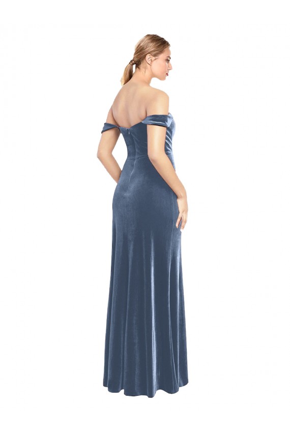 Off the Shoulder Stretch Velvet Sleeveless Dusty Blue Prom Dress / Bridesmaid Dress Edinburgh