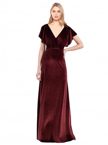 V-Neck Stretch Velvet Flutter Sleeves Open Back Burgundy Prom Dress / Bridesmaid Dress Edinburgh