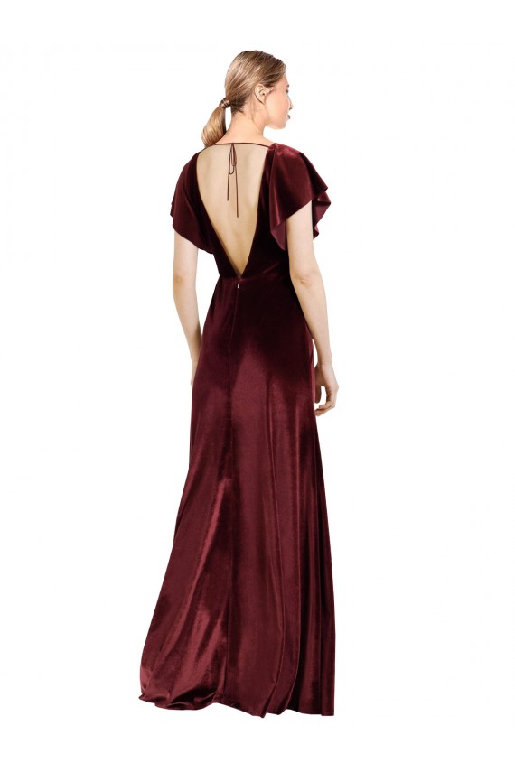 V-Neck Stretch Velvet Flutter Sleeves Open Back Burgundy Prom Dress / Bridesmaid Dress Edinburgh