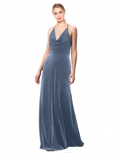 Spaghetti Straps Stretch Velvet Sleeveless Keyhole Back Dusty Blue Prom Dress / Bridesmaid Dress Edinburgh