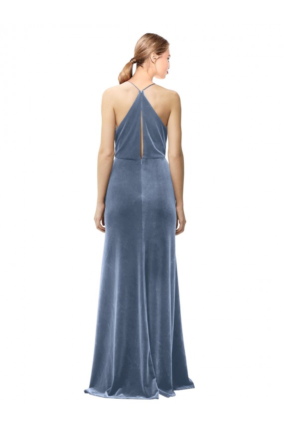 Spaghetti Straps Stretch Velvet Sleeveless Keyhole Back Dusty Blue Prom Dress / Bridesmaid Dress Edinburgh