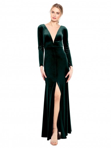 V-Neck Stretch Velvet Long Sleeves Open Back Dark Green Black Tie Prom Dress / Bridesmaid Dress Edinburgh