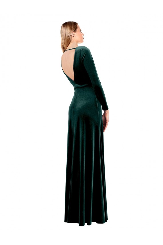 V-Neck Stretch Velvet Long Sleeves Open Back Dark Green Black Tie Prom Dress / Bridesmaid Dress Edinburgh