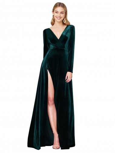 V-Neck Stretch Velvet Long Sleeves Dark Green Black Tie Evening Gown / Prom Dress / Bridesmaid Dress Edinburgh