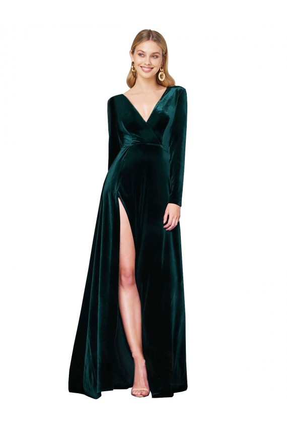 V-Neck Stretch Velvet Long Sleeves Dark Green Black Tie Evening Gown / Prom Dress / Bridesmaid Dress Edinburgh