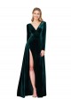 V-Neck Stretch Velvet Long Sleeves Dark Green Black Tie Evening Gown / Prom Dress / Bridesmaid Dress Edinburgh