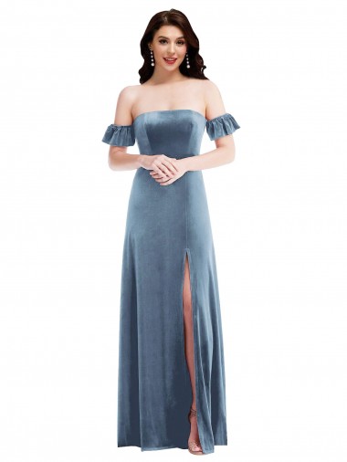 Off the Shoulder Stretch Velvet Ruffle Sleeves Low Back Dusty Blue Formal Dress / Bridesmaid Dress Edinburgh