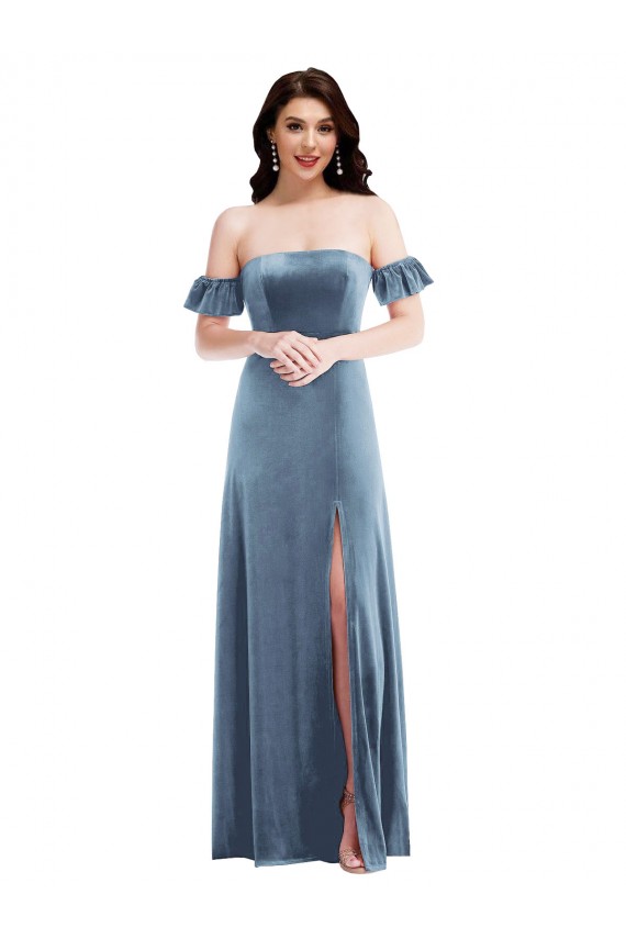 Off the Shoulder Stretch Velvet Ruffle Sleeves Low Back Dusty Blue Formal Dress / Bridesmaid Dress Edinburgh