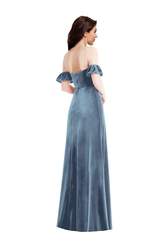 Off the Shoulder Stretch Velvet Ruffle Sleeves Low Back Dusty Blue Formal Dress / Bridesmaid Dress Edinburgh