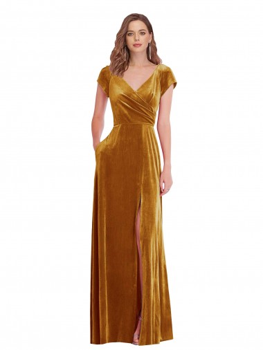 V-Neck Stretch Velvet Cap Sleeves Gold Formal Evening Gown / Prom Dress / Bridesmaid Dress Edinburgh