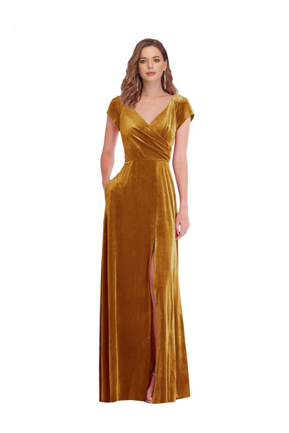 V-Neck Stretch Velvet Cap Sleeves Gold Formal Evening Gown / Prom Dress / Bridesmaid Dress Edinburgh