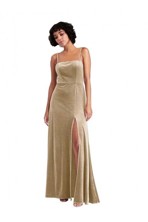 Square Neck Stretch Velvet Sleeveless Low Back Champagne Formal Evening Gown / Prom Dress / Bridesmaid Dress Edinburgh