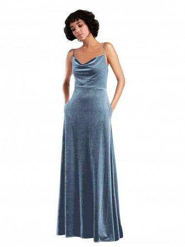Cowl Neck Stretch Velvet Sleeveless Criss Cross Open Back Dusty Blue Semi Formal Evening Dress / Prom Dress / Bridesmaid Dress Edinburgh