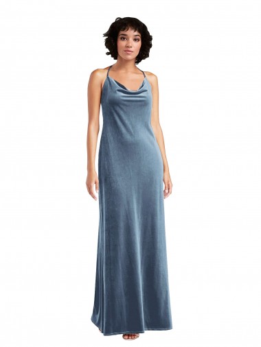 Cowl Neck Stretch Velvet Sleeveless V-Back Dusty Blue Bridesmaid Dress / Evening Dress Edinburgh