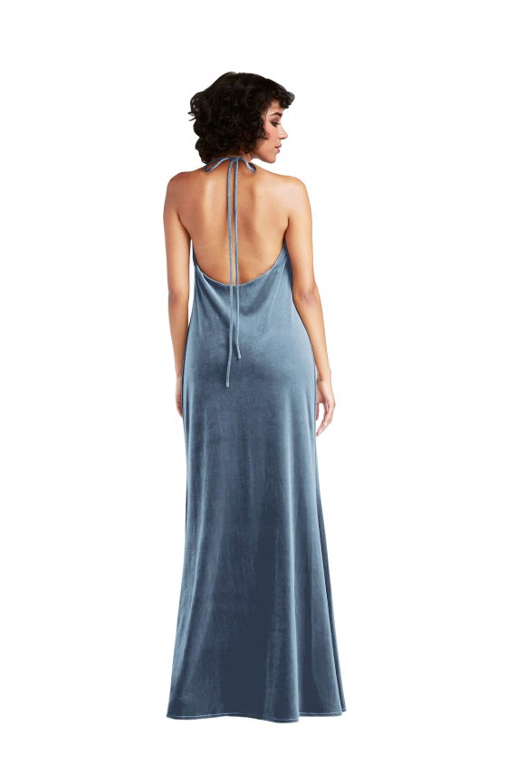 Cowl Neck Stretch Velvet Sleeveless V-Back Dusty Blue Bridesmaid Dress / Evening Dress Edinburgh