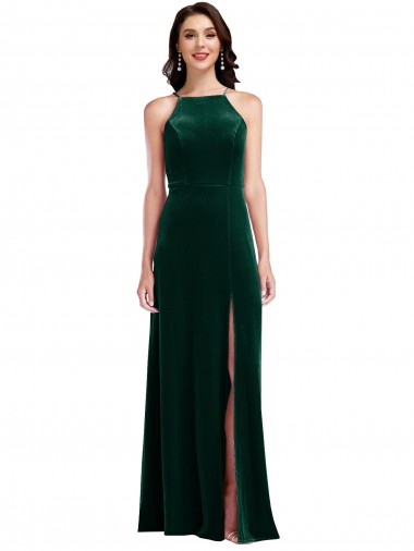Halter Neck Stretch Velvet Sleeveless Dark Green Semi Formal Evening Dress / Prom Dress / Bridesmaid Dress Edinburgh