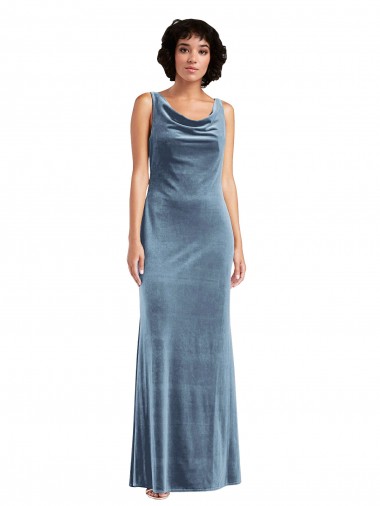 Cowl Neck Stretch Velvet Sleeveless V-Back Dusty Blue Evening Dress / Bridesmaid Dress Edinburgh