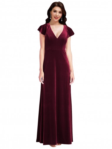 V-Neck Stretch Velvet Flutter Sleeves Burgundy Semi Formal Evening Dress / Prom Dress / Bridesmaid Dress Edinburgh