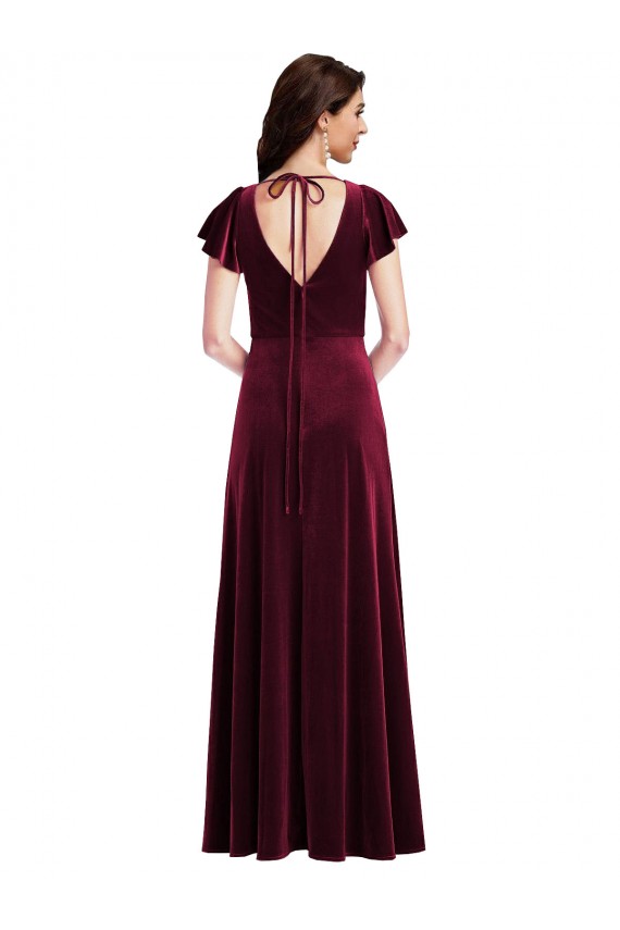 V-Neck Stretch Velvet Flutter Sleeves Burgundy Semi Formal Evening Dress / Prom Dress / Bridesmaid Dress Edinburgh