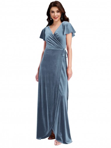 V-Neck Stretch Velvet Flutter Sleeves Dusty Blue Black Tie Evening Gown / Prom Dress / Bridesmaid Dress Edinburgh