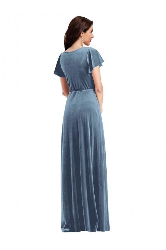 V-Neck Stretch Velvet Flutter Sleeves Dusty Blue Black Tie Evening Gown / Prom Dress / Bridesmaid Dress Edinburgh