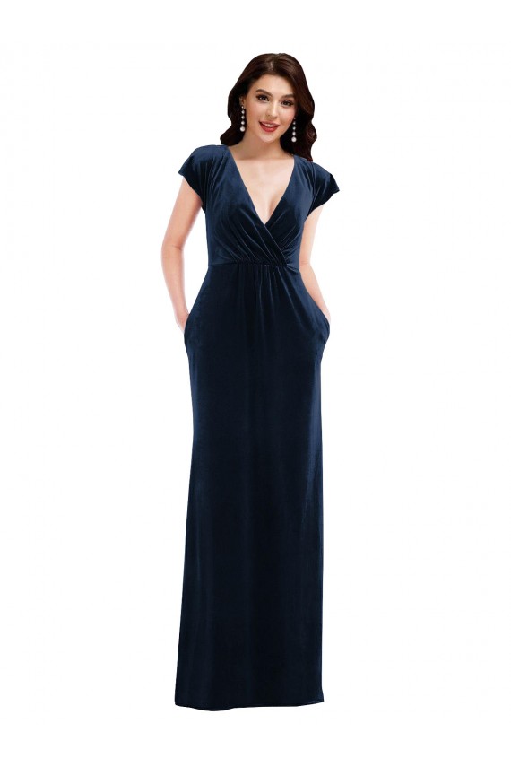 V-Neck Stretch Velvet Flutter Sleeves Dark Navy Formal Dress / Bridesmaid Dress Edinburgh