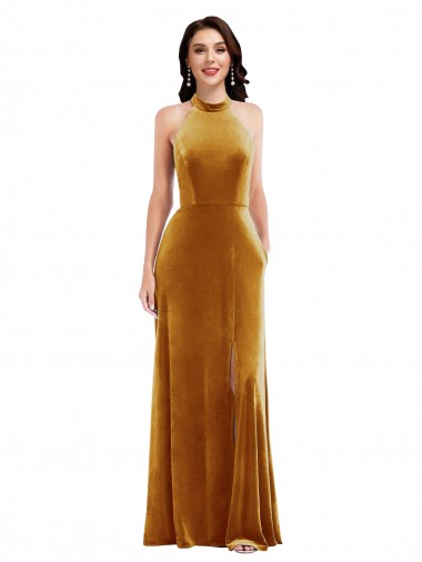 Halter Neck Stretch Velvet Sleeveless Keyhole Back Gold Semi Formal Evening Dress / Prom Dress / Bridesmaid Dress Edinburgh