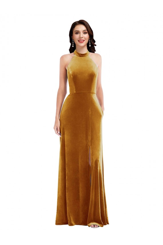 Halter Neck Stretch Velvet Sleeveless Keyhole Back Gold Semi Formal Evening Dress / Prom Dress / Bridesmaid Dress Edinburgh