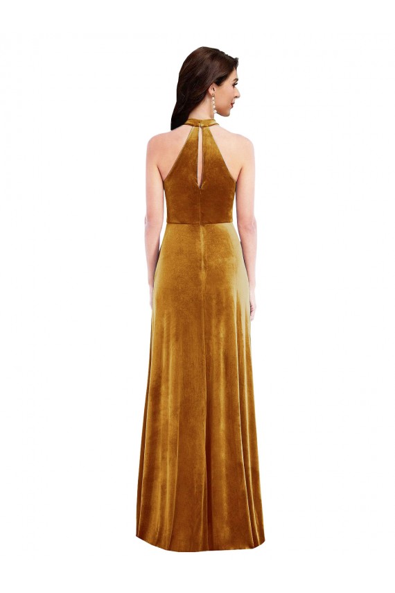 Halter Neck Stretch Velvet Sleeveless Keyhole Back Gold Semi Formal Evening Dress / Prom Dress / Bridesmaid Dress Edinburgh