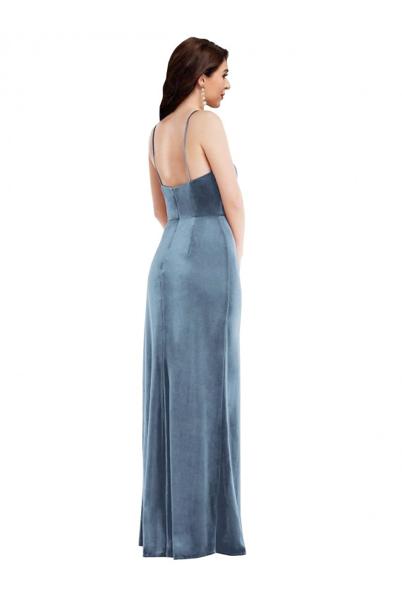 Spaghetti Straps Stretch Velvet Sleeveless Low Back Dusty Blue Formal Evening Gown / Prom Dress / Bridesmaid Dress Edinburgh