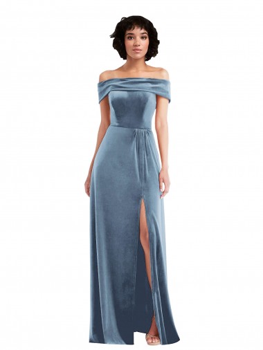 Off the Shoulder Stretch Velvet Sleeveless Dusty Blue Semi Formal Evening Dress / Prom Dress / Bridesmaid Dress Edinburgh