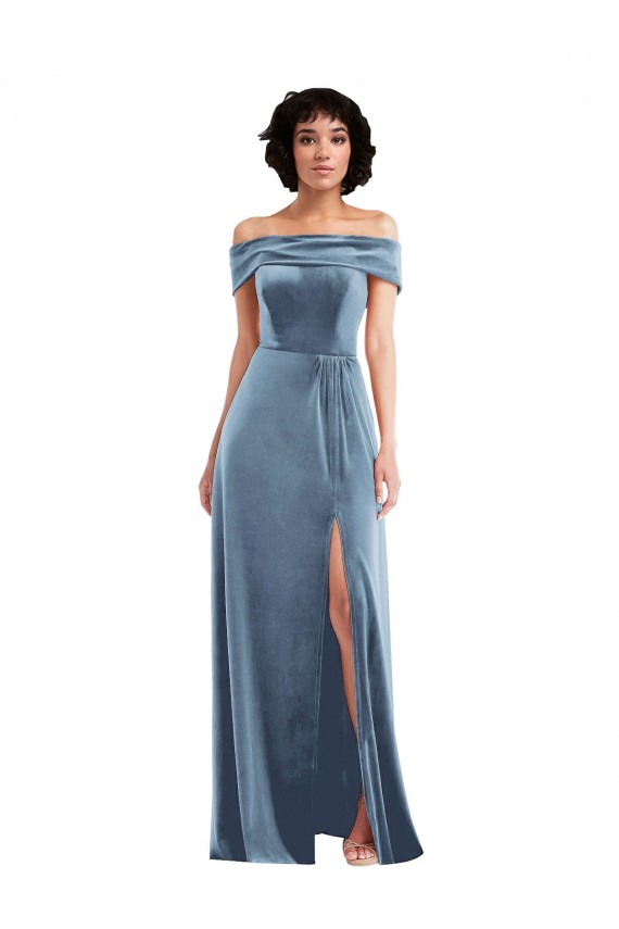 Off the Shoulder Stretch Velvet Sleeveless Dusty Blue Semi Formal Evening Dress / Prom Dress / Bridesmaid Dress Edinburgh