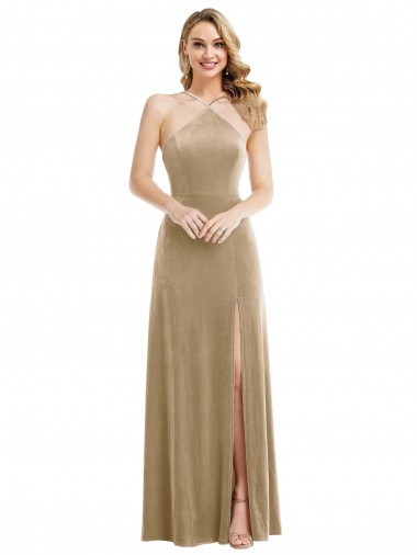 Halter Neck Stretch Velvet Sleeveless Open Back Champagne Semi Formal Evening Dress / Prom Dress / Bridesmaid Dress Edinburgh