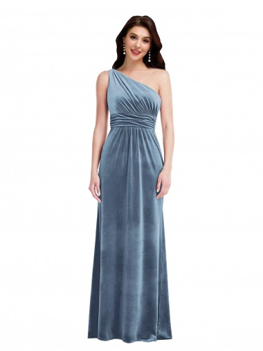 Off the Shoulder Stretch Velvet Sleeveless Dusty Blue Bridesmaid Dress / Evening Dress Edinburgh