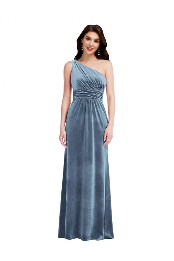 Off the Shoulder Stretch Velvet Sleeveless Dusty Blue Bridesmaid Dress / Evening Dress Edinburgh