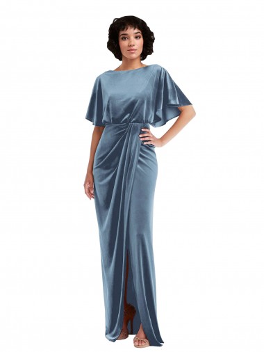 Stretch Velvet Flutter Sleeves Open Back Dusty Blue Semi Formal Evening Dress / Prom Dress / Bridesmaid Dress Edinburgh