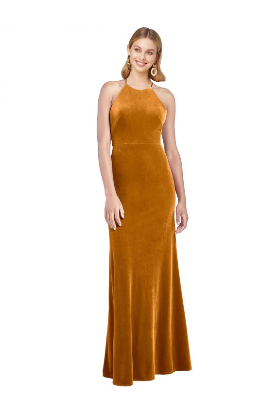 Halter Neck Stretch Velvet Sleeveless Criss Cross Open Back Gold Formal Evening Gown / Prom Dress / Bridesmaid Dress Edinburgh