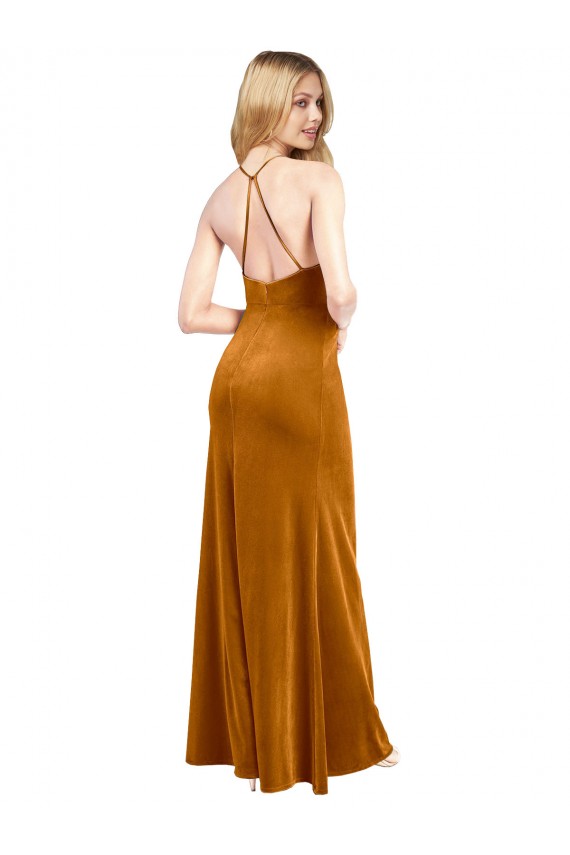 Halter Neck Stretch Velvet Sleeveless Criss Cross Open Back Gold Formal Evening Gown / Prom Dress / Bridesmaid Dress Edinburgh
