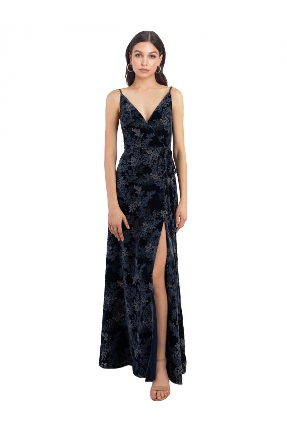 V-Neck Floral Velvet & Stretch Velvet Sleeveless V-Back Dark Navy Bridesmaid Dress Edinburgh